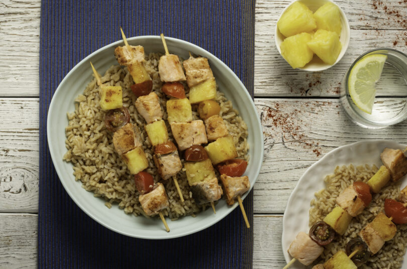 Hearty Salmon Skewers over Brown Rice