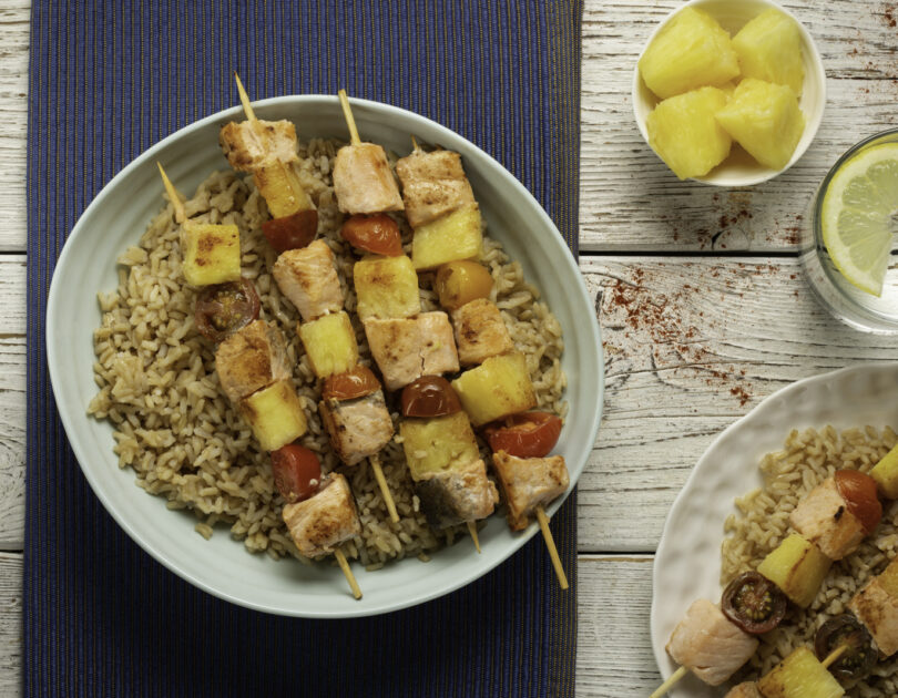 Hearty Salmon Skewers over Brown Rice
