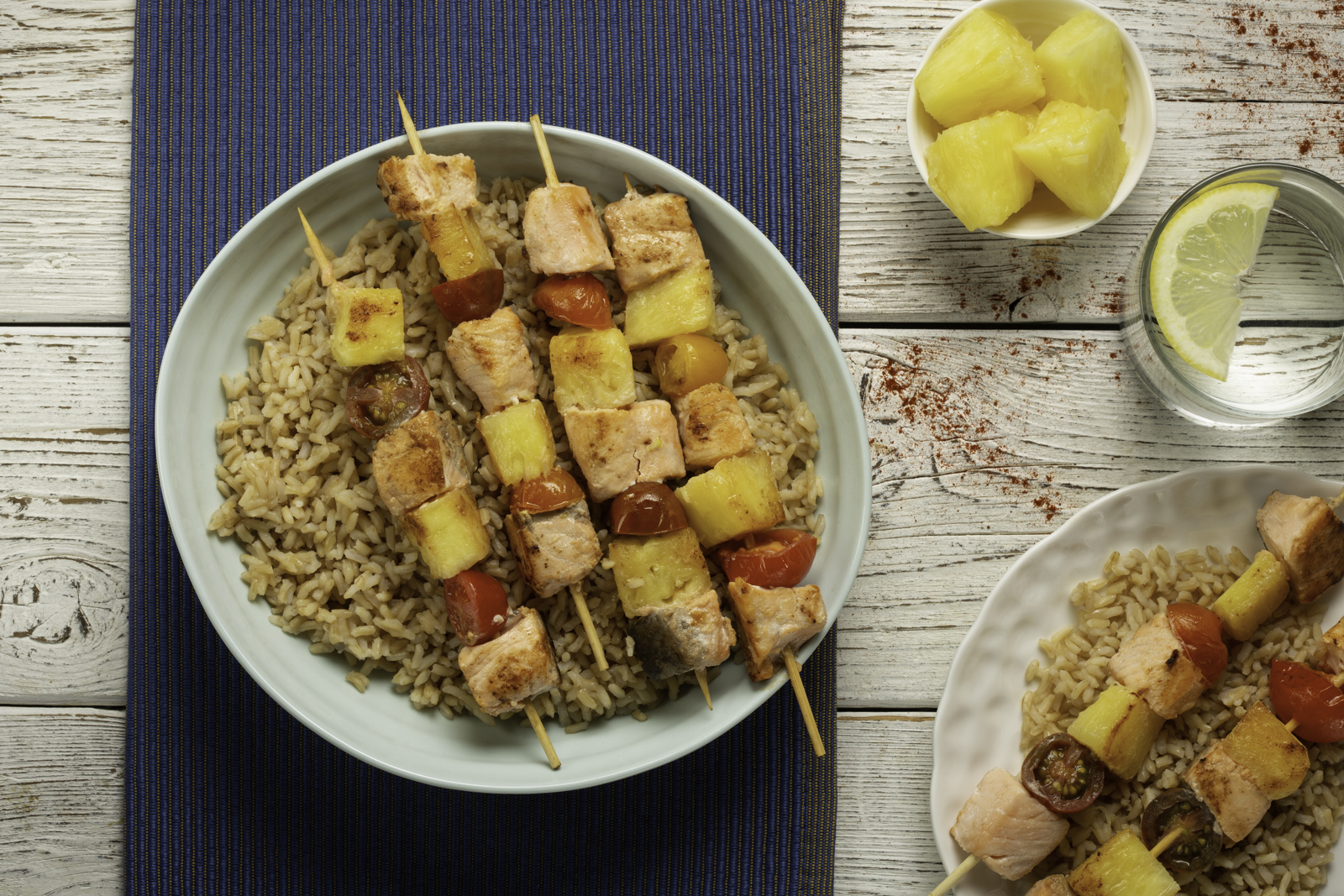 Hearty Salmon Skewers over Brown Rice