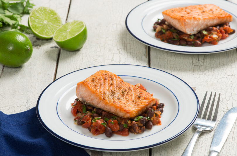 cumin scented salmon with black bean stew