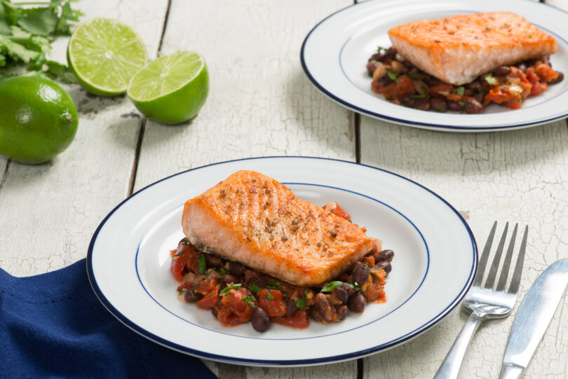 cumin scented salmon with black bean stew