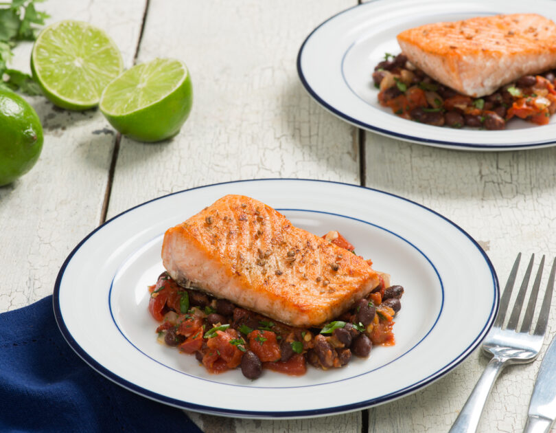 cumin scented salmon with black bean stew