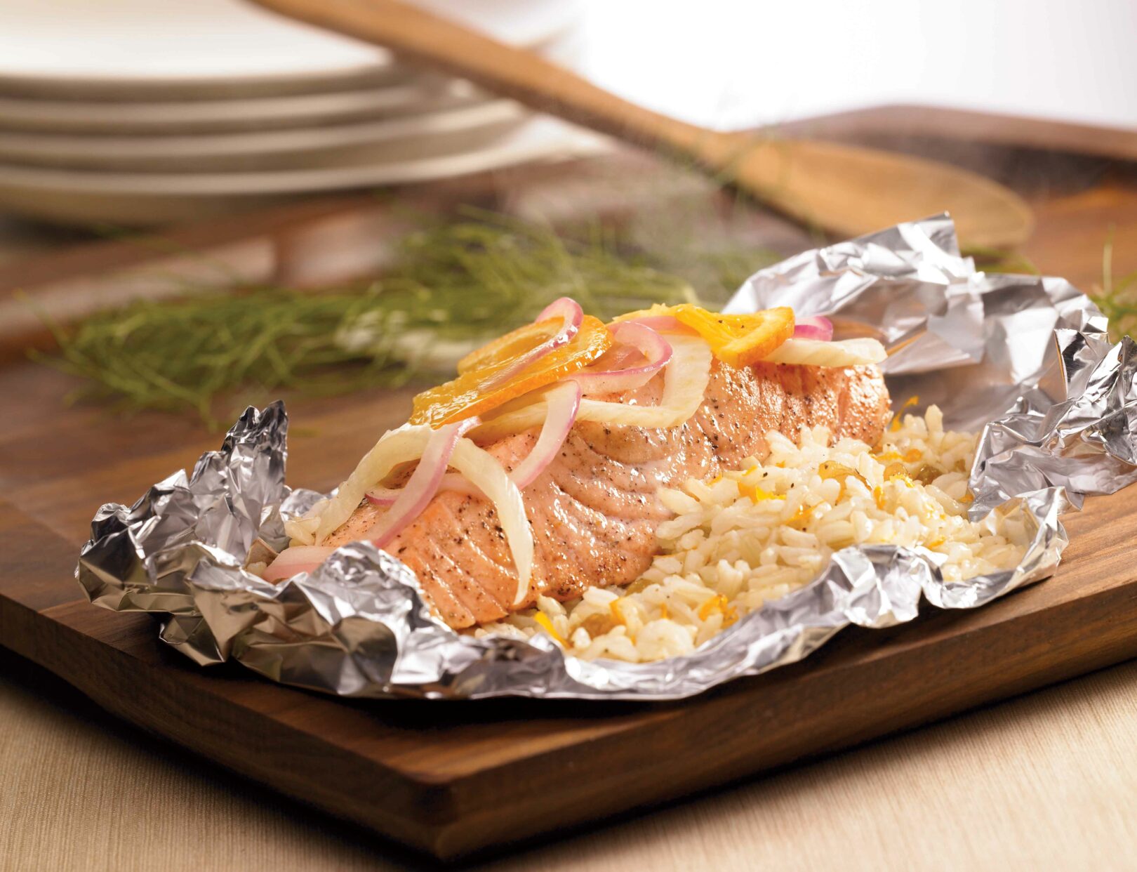 Salmon and Rice Packets with Fennel, Orange, and Raisins