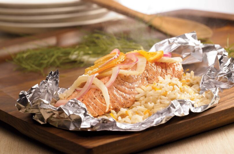 Salmon and Rice Packets with Fennel, Orange, and Raisins