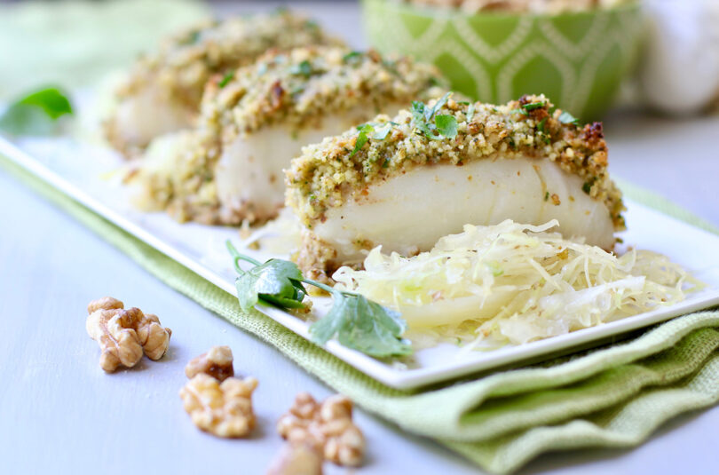 Crispy Walnut Cod with Walnut Tzatziki