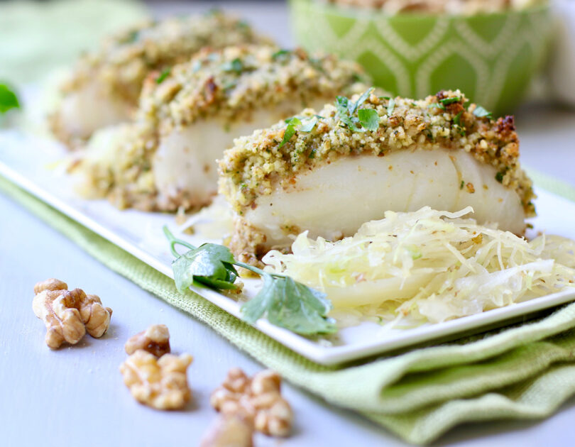 Crispy Walnut Cod with Walnut Tzatziki