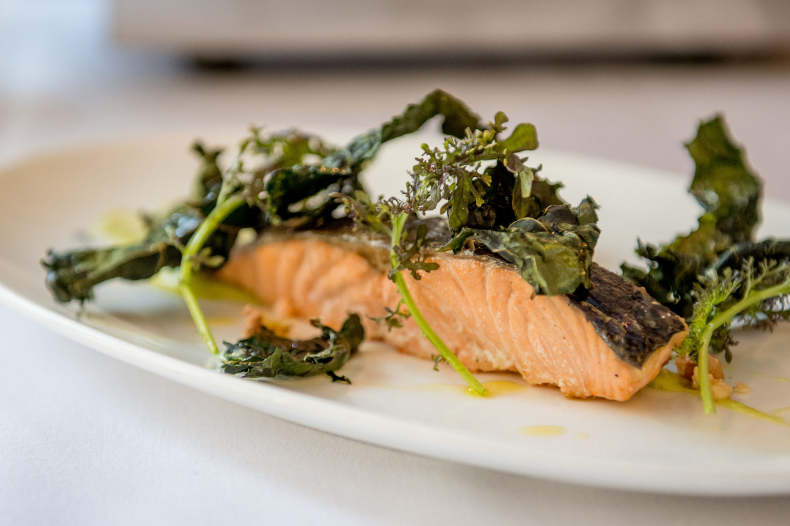 Salmon with Kale Chips & Avocado Vinaigrette