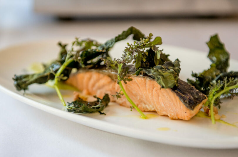 Salmon with Kale Chips & Avocado Vinaigrette