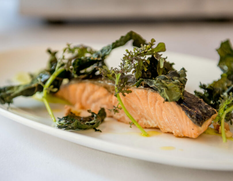 Salmon with Kale Chips & Avocado Vinaigrette