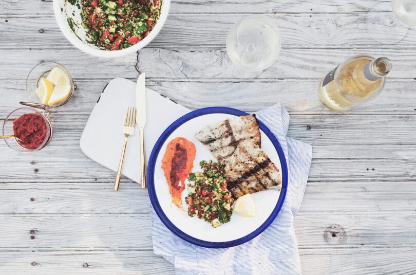 Cumin Grilled Barramundi with Harissa Spiced Hummus and Tabbouleh