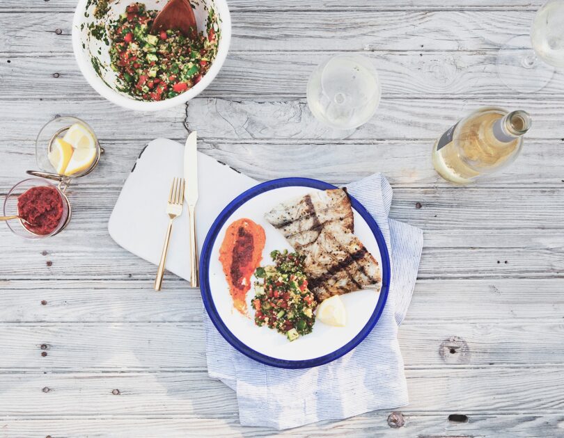 Cumin Grilled Barramundi with Harissa Spiced Hummus and Tabbouleh