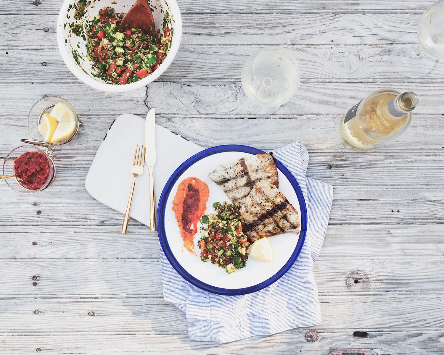 Cumin Grilled Barramundi with Harissa Spiced Hummus and Tabbouleh