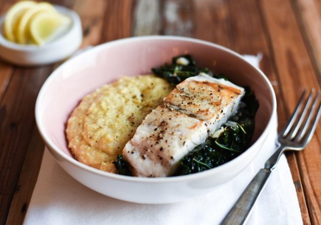 Seared Barramundi with Creamy Polenta & Garlicky Kale