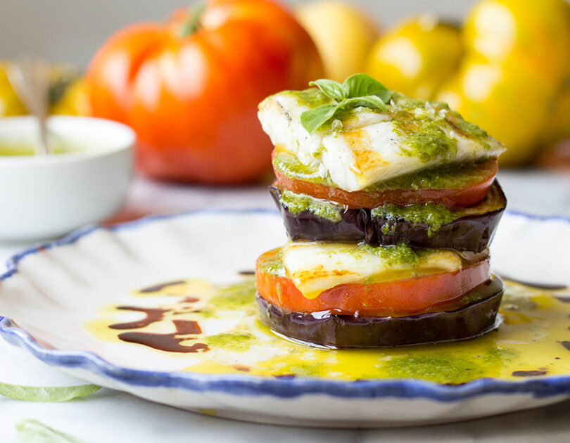 Grilled Barramundi with Eggplant and Tomato Stacks