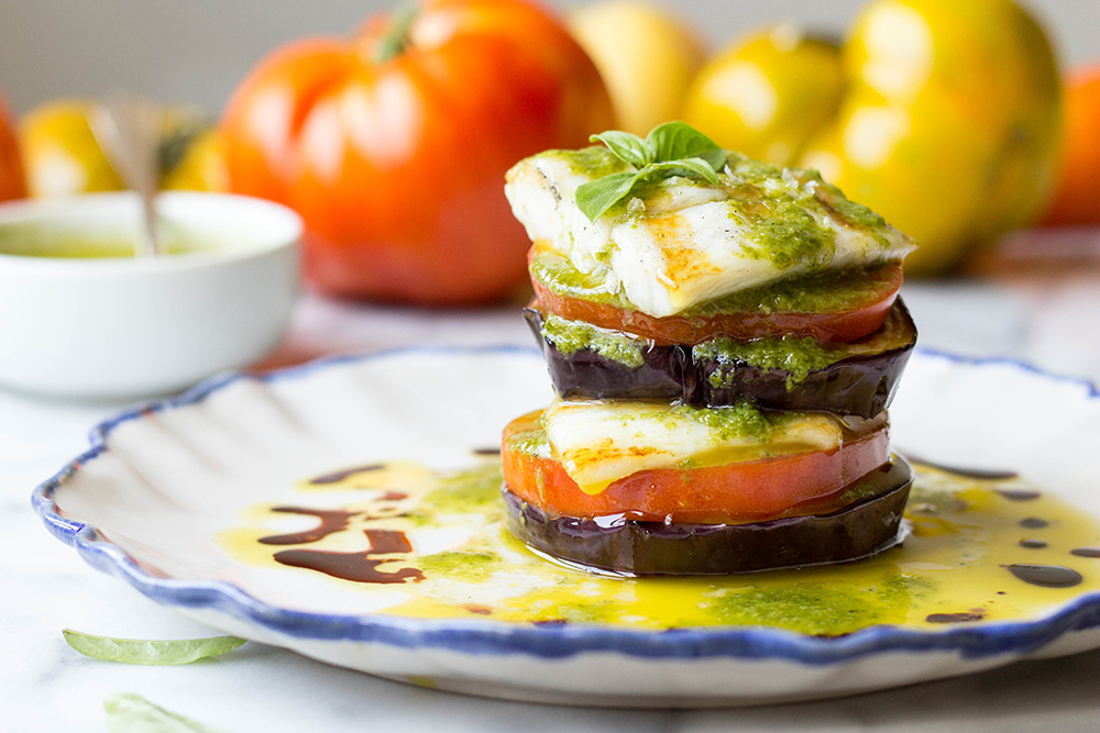 Grilled Barramundi with Eggplant and Tomato Stacks