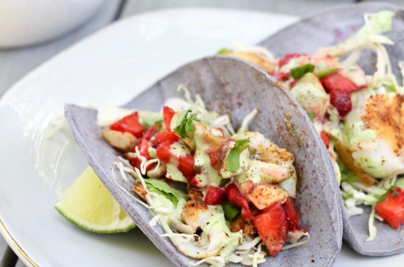 Grilled Fish Tacos with Strawberry Avocado Salsa and Lime Crema