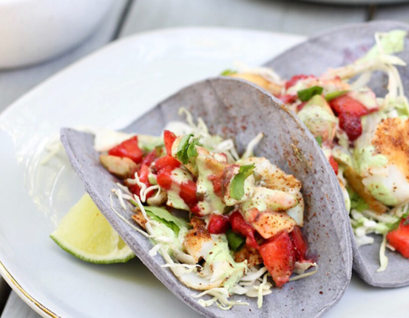 Grilled Fish Tacos with Strawberry Avocado Salsa and Lime Crema
