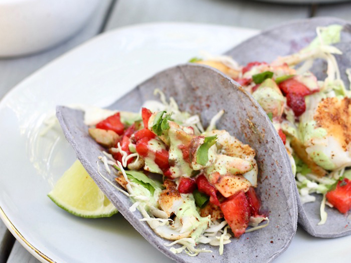 Grilled Fish Tacos with Strawberry Avocado Salsa and Lime Crema