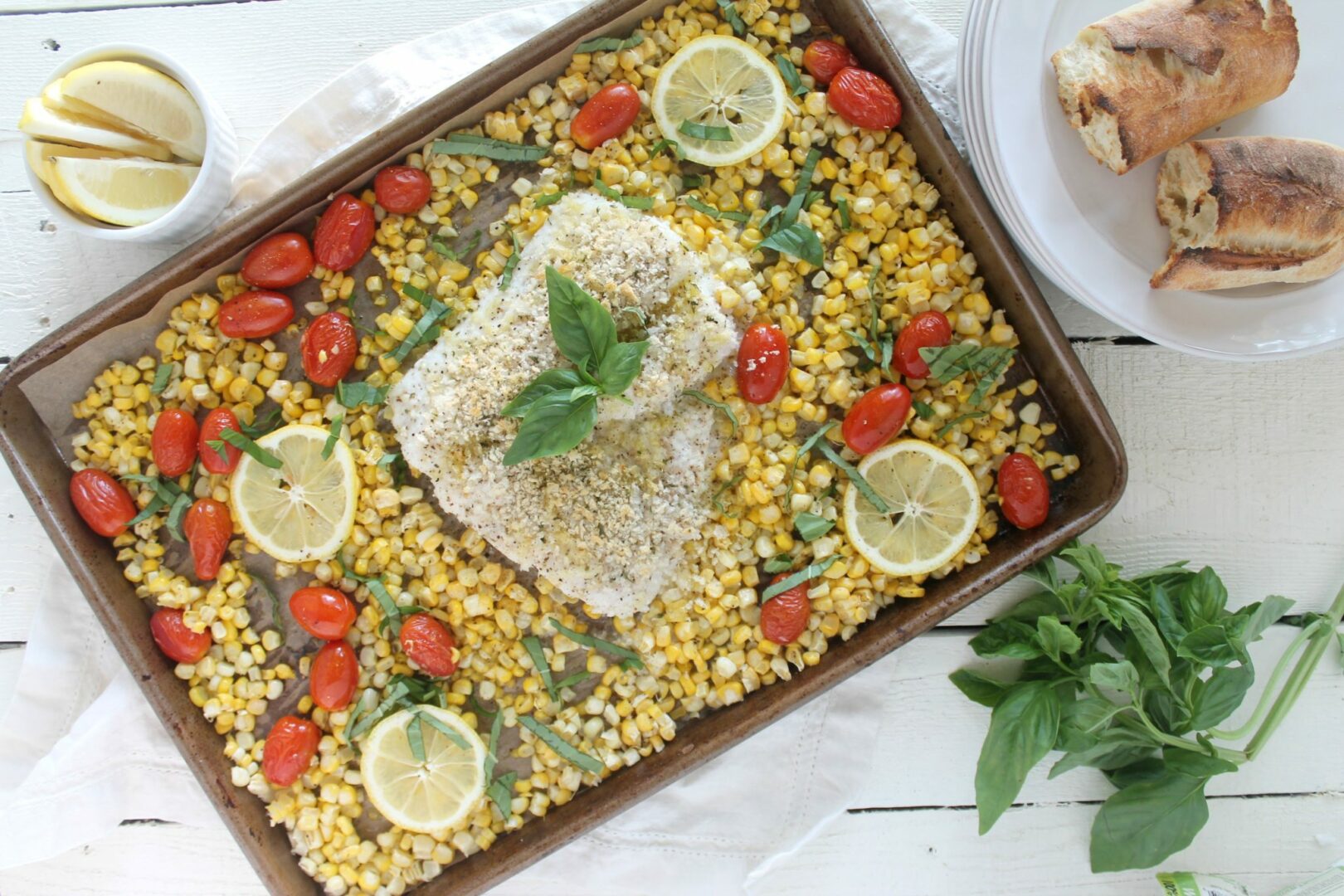 Sheet Pan Panko Crusted Cod with Summer Corn, Tomatoes and Basil