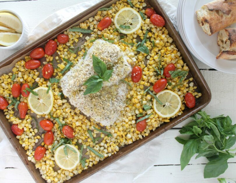 Sheet Pan Panko Crusted Cod with Summer Corn, Tomatoes and Basil