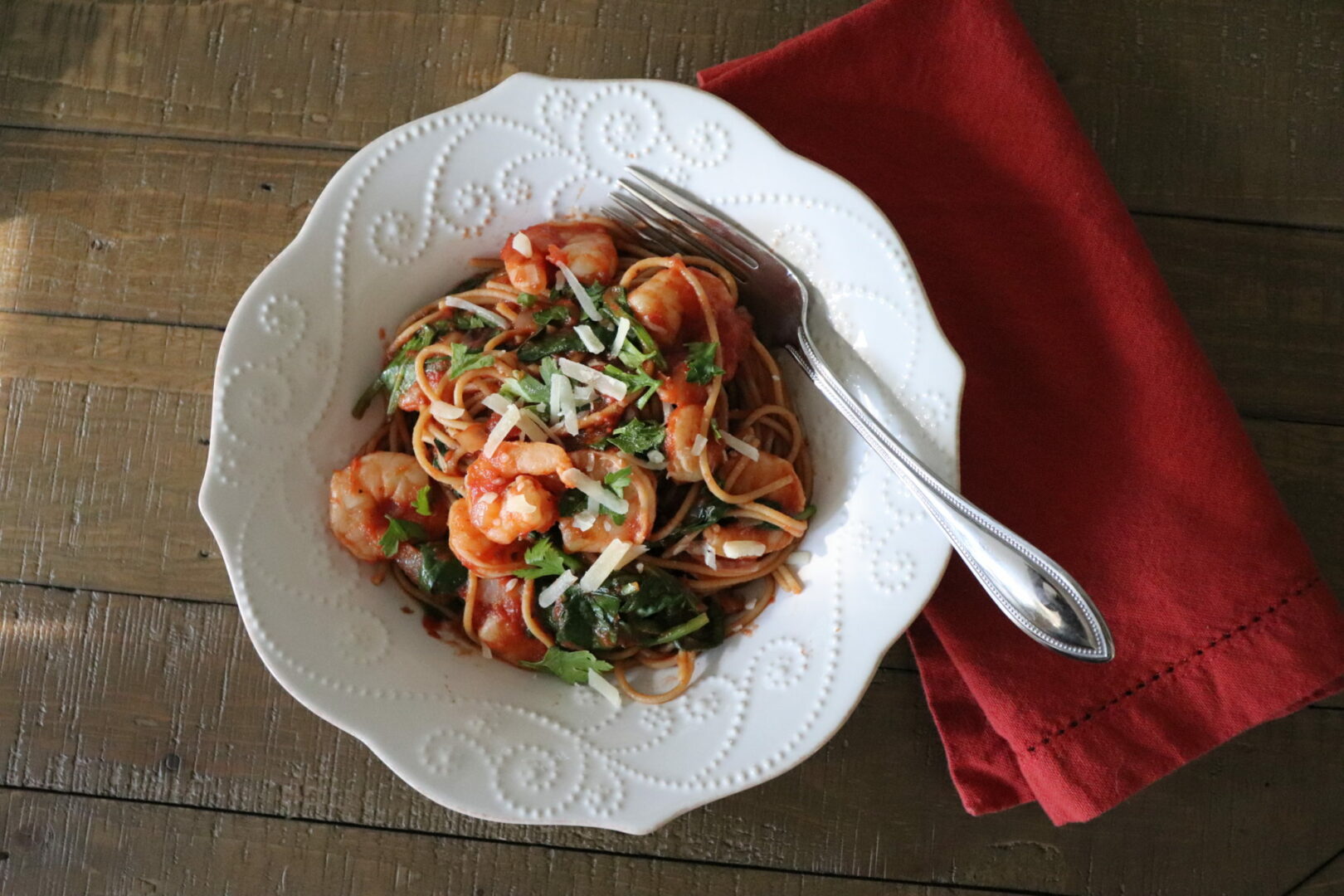 Weeknight Shrimp Spaghetti with Spinach