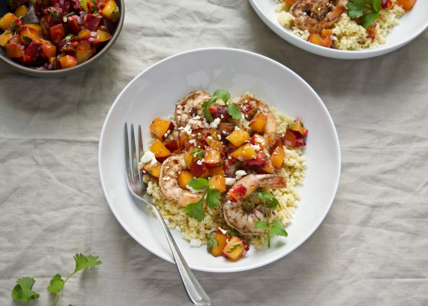 Sumac-spiced Shrimp with Peach Salsa and Millet