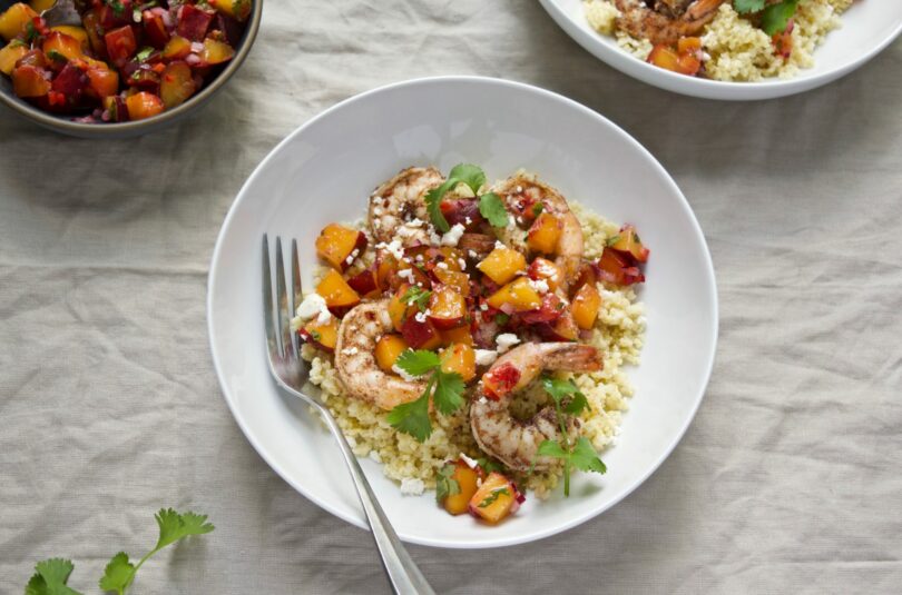 Sumac-spiced Shrimp with Peach Salsa and Millet