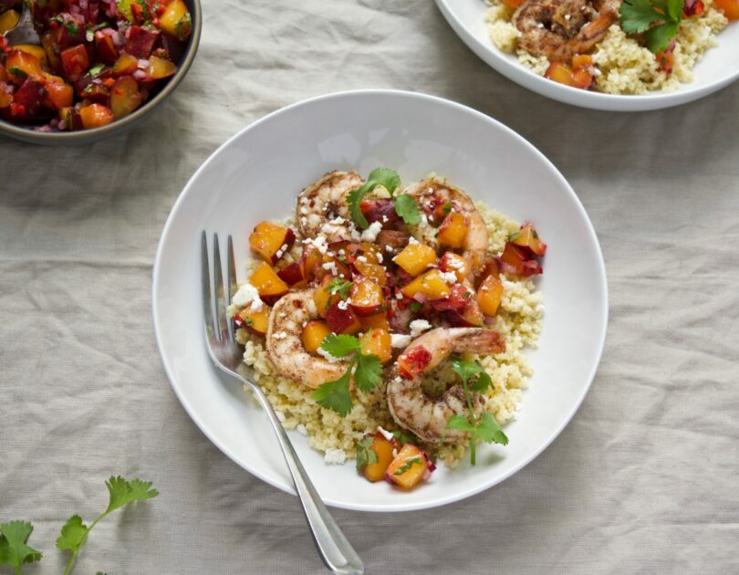 Sumac-spiced Shrimp with Peach Salsa and Millet