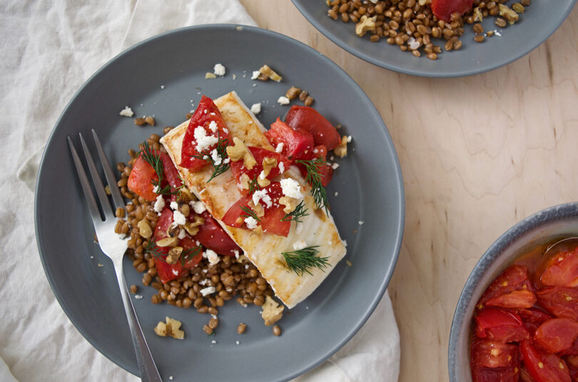 Grilled White Fish with Coriander-Buttered Tomatoes and Dill