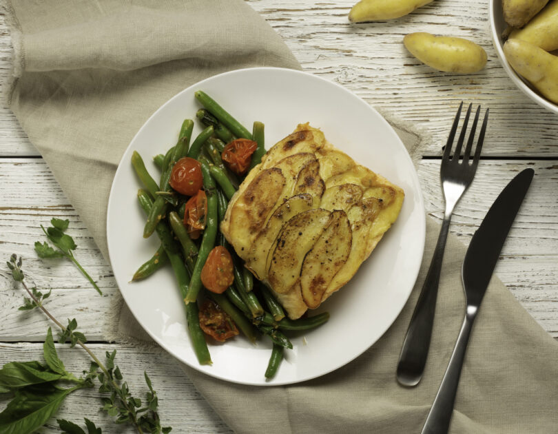 Potato Crusted Trout with Green Beans, Cherry Tomatoes and Garden Herbs
