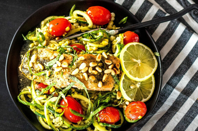 Pesto Salmon and Zoodles in Parchment