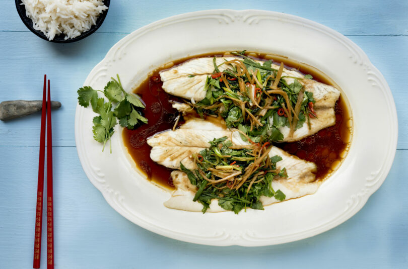 Steamed Barramundi with Ginger, Tamari, and Fresh Herbs