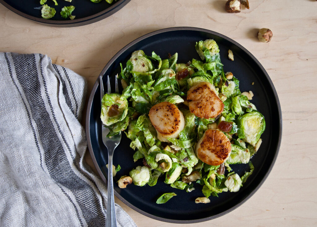 SEARED SCALLOPS WITH 5 INGREDIENT SHAVED BRUSSELS SPROUT SALAD