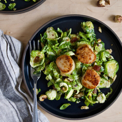 SEARED SCALLOPS WITH 5 INGREDIENT SHAVED BRUSSELS SPROUT SALAD