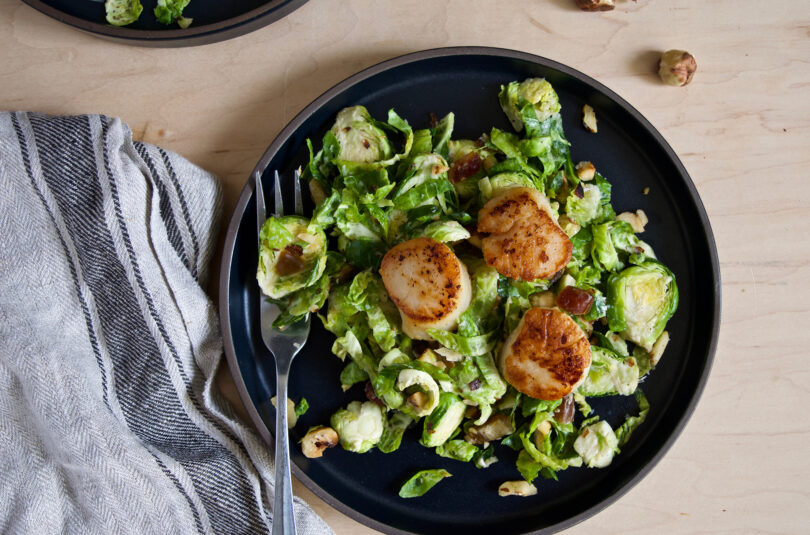 SEARED SCALLOPS WITH 5 INGREDIENT SHAVED BRUSSELS SPROUT SALAD