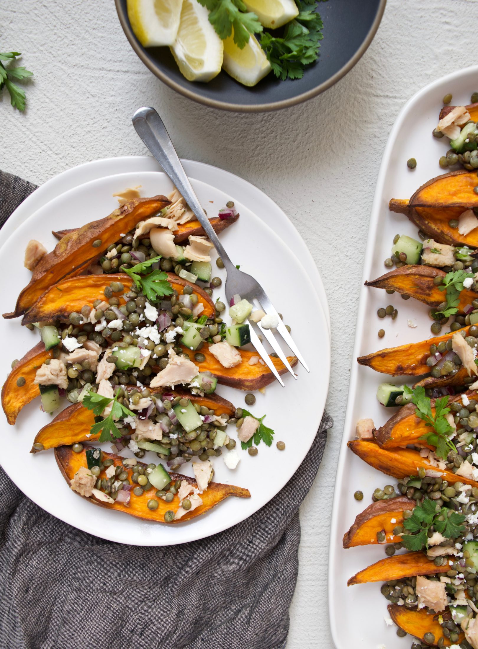 Lemony Lentil Salad with Tuna over Sweet Potato Wedges