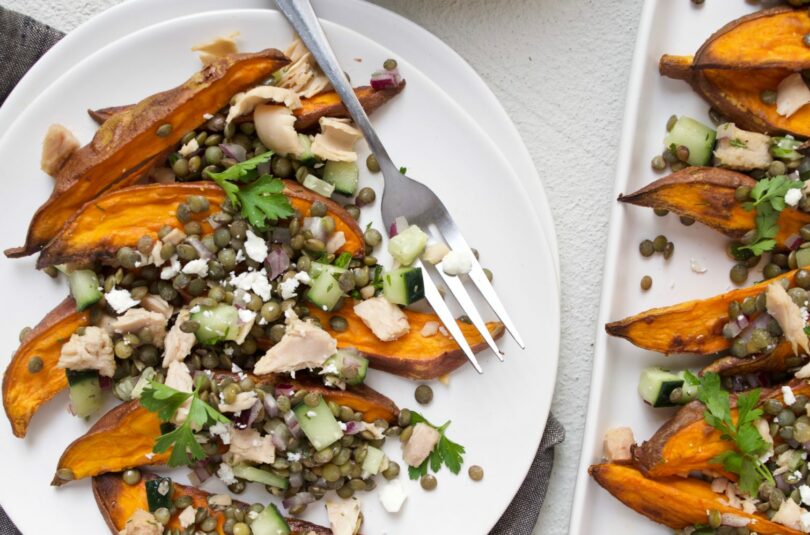 Lemony Lentil Salad with Tuna over Sweet Potato Wedges