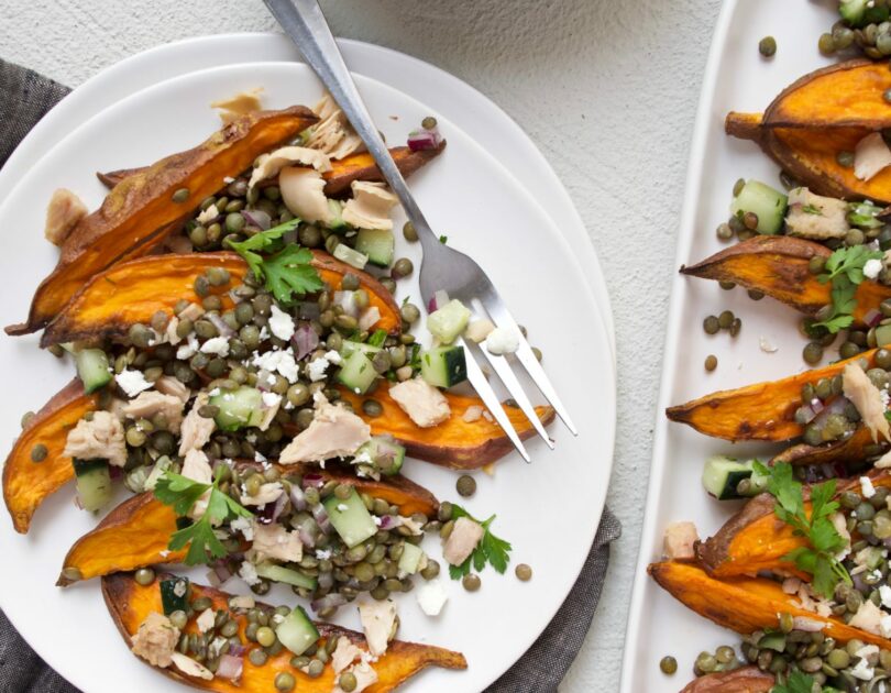 Lemony Lentil Salad with Tuna over Sweet Potato Wedges