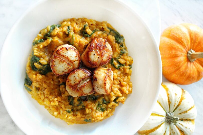 Pumpkin & Spinach Risotto with Scallops