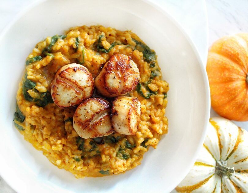 Pumpkin & Spinach Risotto with Scallops