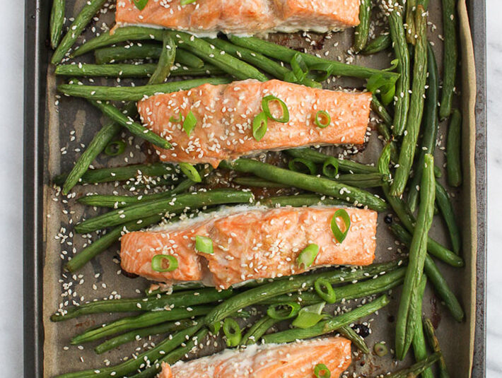 Chef Julie Harrington's Sheet Pan Salmon with Miso Glaze and Green Beans