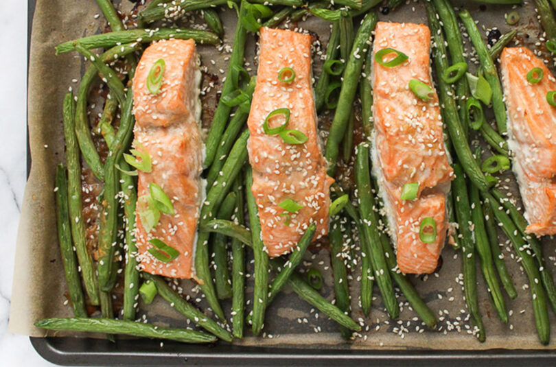 Chef Julie Harrington's Sheet Pan Salmon with Miso Glaze and Green Beans