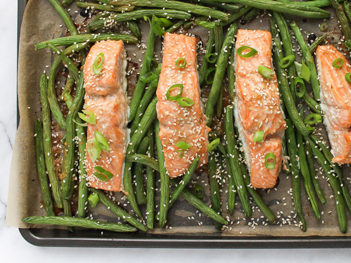 Chef Julie Harrington's Sheet Pan Salmon with Miso Glaze and Green Beans