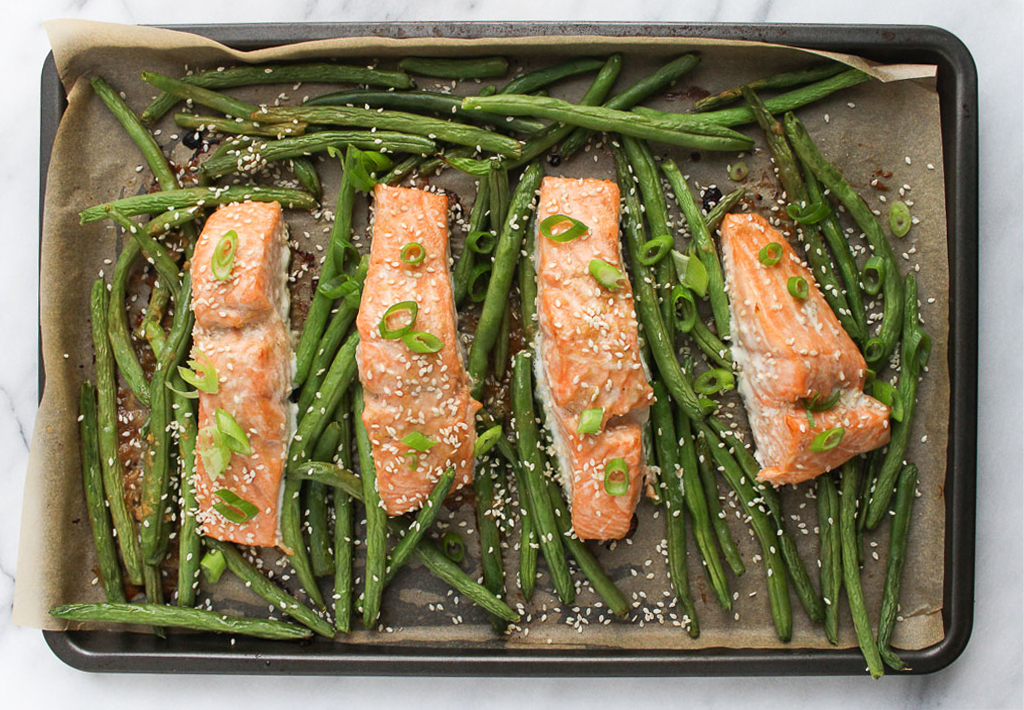 Chef Julie Harrington's Sheet Pan Salmon with Miso Glaze and Green Beans