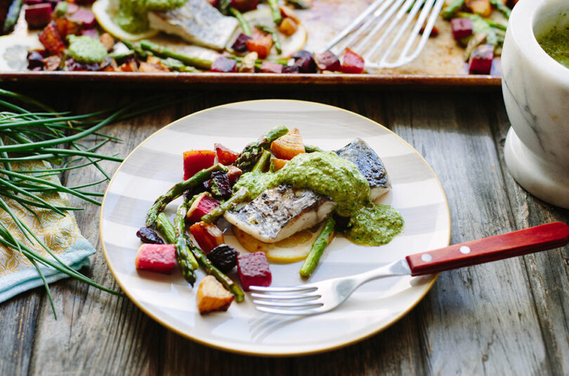 Barramundi Sheet Pan Dinner with Spring Vegetables and Pesto