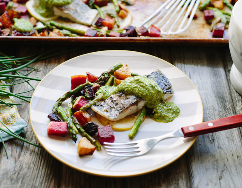 Barramundi Sheet Pan Dinner with Spring Vegetables and Pesto