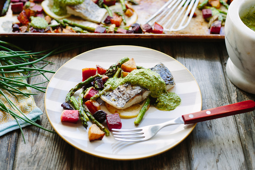 Australis Barramundi One Pan Dinner with Spring Vegetables and Pesto - 1 Barramundi Sheet Pan Dinner with Spring Vegetables and Pesto