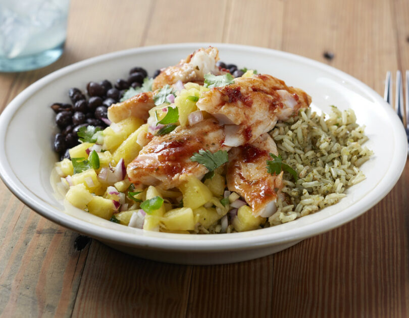 White Fish Burrito Bowl with Pineapple Salsa