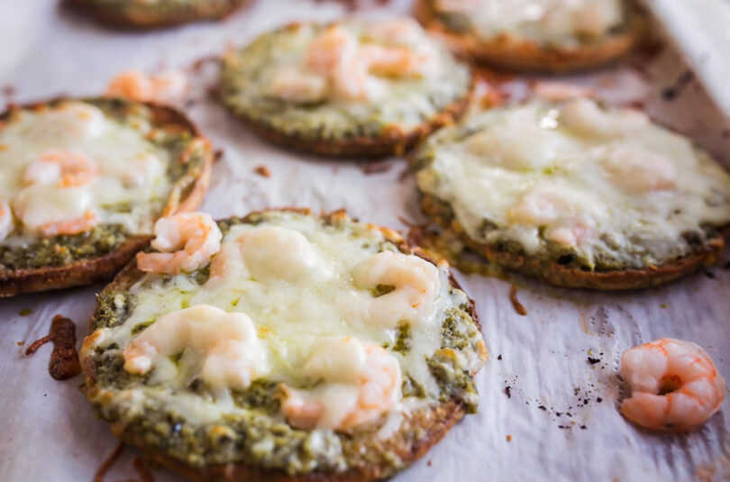 shrimp pesto pizzas by Annessa Chumbley RD