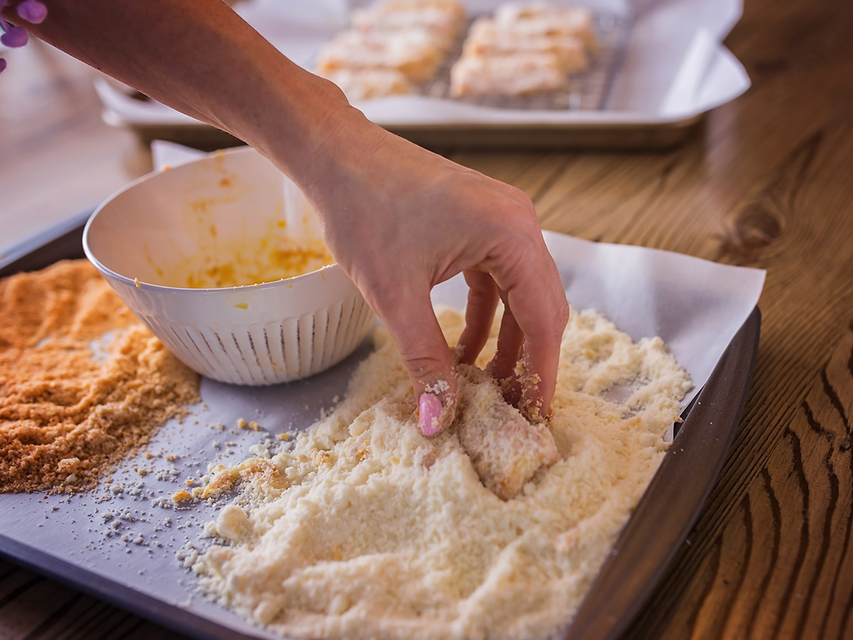 photo showing how to dredge the fish for Homemade fish sticks recipe by Annessa Chumbley RD